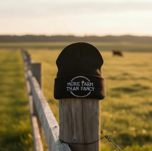 More Farm Than Fancy logo knit hat