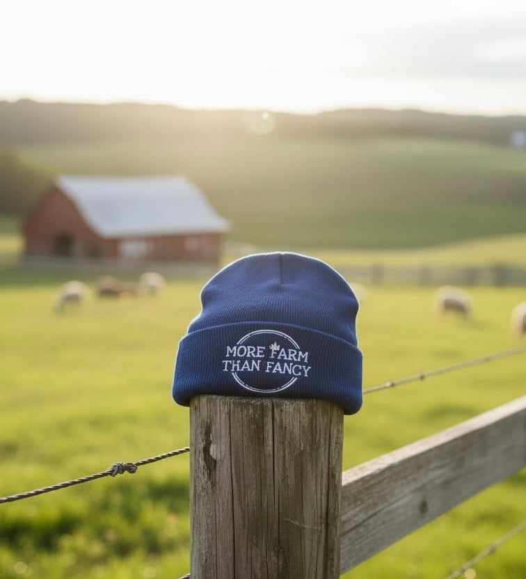 More Farm Than Fancy logo knit hat