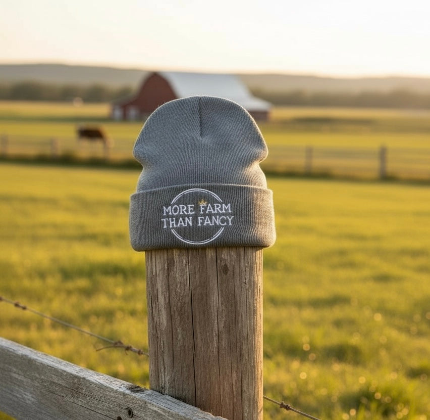 More Farm Than Fancy logo knit hat
